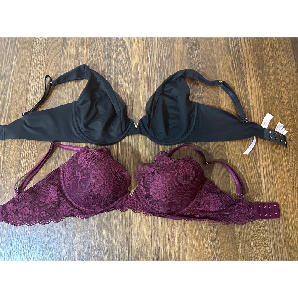 Victoria's Secret Bra Set 34DD Black Unlined & Plum Lace Plunge 2 Pack